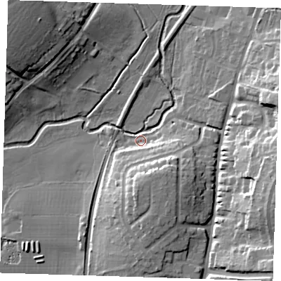 Shaded relief map of the ground around CM232BP, computed from Environment Agency LiDAR. The ground here sits at about 59 m above sea level and falls 22 m across the surrounding 800 m. Surface water reaching this point runs off ground lying to the east-south-east, 21.9 m higher.