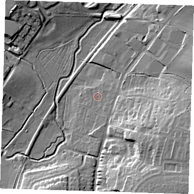 Shaded relief map of the ground around CM232DF, computed from Environment Agency LiDAR. The ground here sits at about 62 m above sea level and falls 26 m across the surrounding 800 m. Surface water reaching this point runs off ground lying to the east, 2.7 m higher.