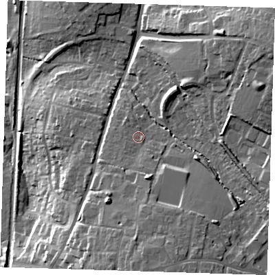 Shaded relief map of the ground around CM232EB, computed from Environment Agency LiDAR. The ground here sits at about 72 m above sea level and falls 27 m across the surrounding 800 m. Surface water reaching this point runs off ground lying to the south-south-east, 8.1 m higher.