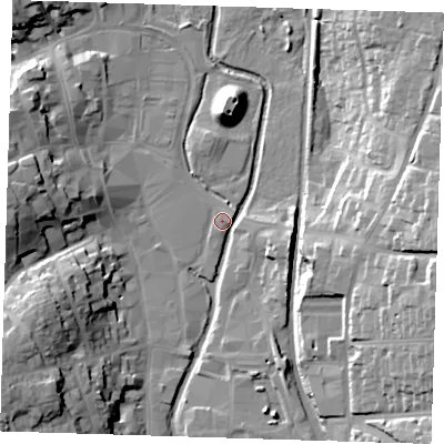 Shaded relief map of the ground around CM232EJ, computed from Environment Agency LiDAR. The ground here sits at about 57 m above sea level and falls 23 m across the surrounding 800 m. Surface water reaching this point runs off ground lying to the east, 21.7 m higher.