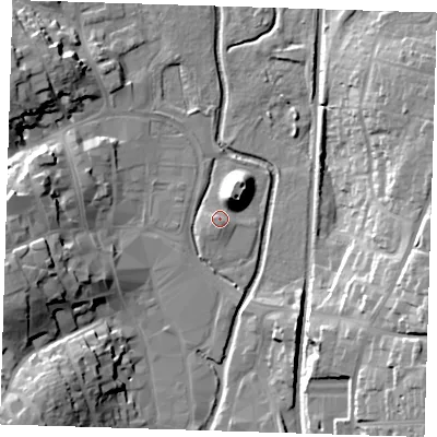 Shaded relief map of the ground around CM232EL, computed from Environment Agency LiDAR. The ground here sits at about 59 m above sea level and falls 22 m across the surrounding 800 m. Surface water reaching this point runs off ground lying to the north-north-east, 11.0 m higher.