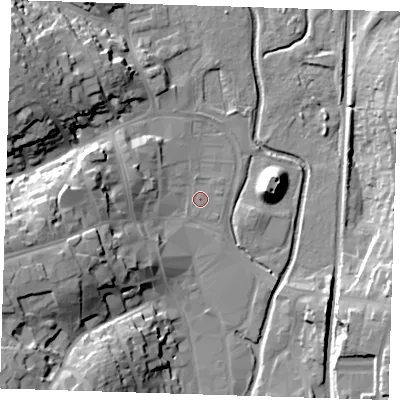 Shaded relief map of the ground around CM232EN, computed from Environment Agency LiDAR. The ground here sits at about 58 m above sea level and falls 25 m across the surrounding 800 m. Surface water reaching this point runs off ground lying to the west-south-west, 22.7 m higher.