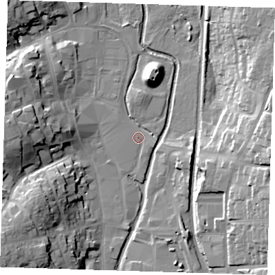 Shaded relief map of the ground around CM232EQ, computed from Environment Agency LiDAR. The ground here sits at about 57 m above sea level and falls 24 m across the surrounding 800 m. Surface water reaching this point runs off ground lying to the east-south-east, 1.2 m higher.