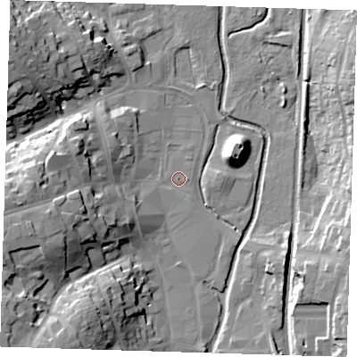 Shaded relief map of the ground around CM232ER, computed from Environment Agency LiDAR. The ground here sits at about 58 m above sea level and falls 24 m across the surrounding 800 m. Surface water reaching this point runs off ground lying to the west-south-west, 22.6 m higher.