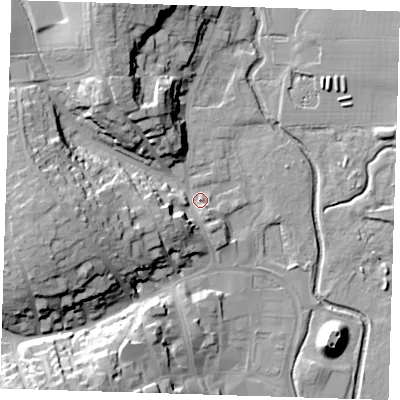 Shaded relief map of the ground around CM232EU, computed from Environment Agency LiDAR. The ground here sits at about 60 m above sea level and falls 25 m across the surrounding 800 m. Surface water reaching this point runs off ground lying to the west-south-west, 10.0 m higher.