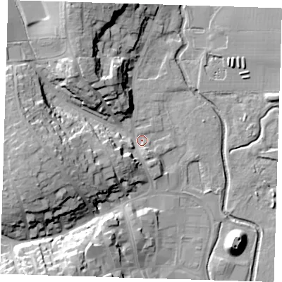 Shaded relief map of the ground around CM232EW, computed from Environment Agency LiDAR. The ground here sits at about 59 m above sea level and falls 25 m across the surrounding 800 m. Surface water reaching this point runs off ground lying to the west-south-west, 10.2 m higher.