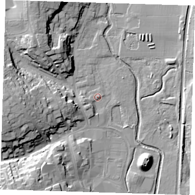 Shaded relief map of the ground around CM232EY, computed from Environment Agency LiDAR. The ground here sits at about 59 m above sea level and falls 25 m across the surrounding 800 m. Surface water reaching this point runs off ground lying to the west-south-west, 4.7 m higher.