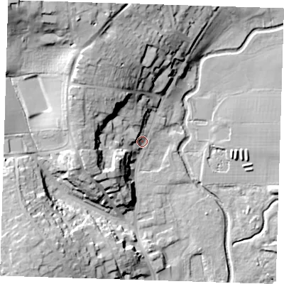 Shaded relief map of the ground around CM232HA, computed from Environment Agency LiDAR. The ground here sits at about 60 m above sea level and falls 34 m across the surrounding 800 m. Surface water reaching this point runs off ground lying to the north-west, 20.7 m higher.