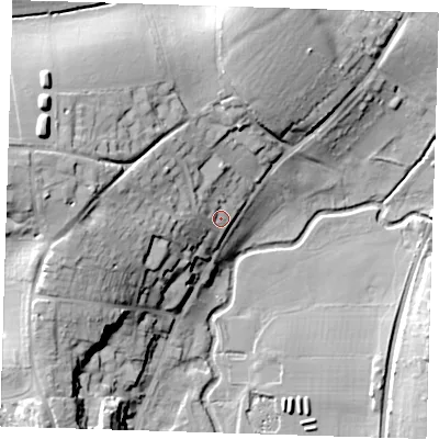 Shaded relief map of the ground around CM232HD, computed from Environment Agency LiDAR. The ground here sits at about 66 m above sea level and falls 32 m across the surrounding 800 m. Surface water reaching this point runs off ground lying to the west, 19.6 m higher.