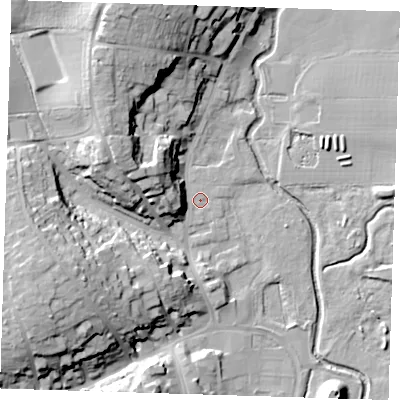 Shaded relief map of the ground around CM232HG, computed from Environment Agency LiDAR. The ground here sits at about 58 m above sea level and falls 27 m across the surrounding 800 m. Surface water reaching this point runs off ground lying to the north-north-west, 24.1 m higher.