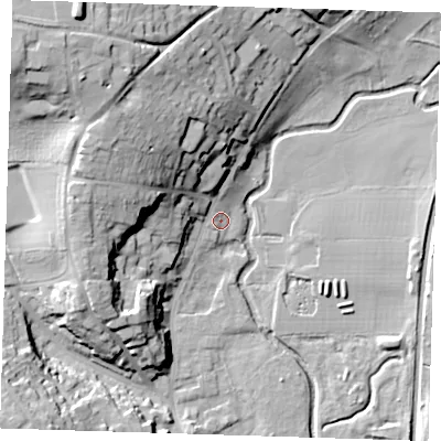 Shaded relief map of the ground around CM232HH, computed from Environment Agency LiDAR. The ground here sits at about 59 m above sea level and falls 33 m across the surrounding 800 m. Surface water reaching this point runs off ground lying to the north-west, 23.8 m higher.