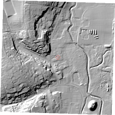 Shaded relief map of the ground around CM232HR, computed from Environment Agency LiDAR. The ground here sits at about 58 m above sea level and falls 25 m across the surrounding 800 m. Surface water reaching this point runs off ground lying to the north-north-west, 22.7 m higher.