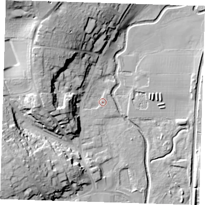 Shaded relief map of the ground around CM232HU, computed from Environment Agency LiDAR. The ground here sits at about 58 m above sea level and falls 30 m across the surrounding 800 m. Surface water reaching this point runs off ground lying to the north-north-east, 1.4 m higher.