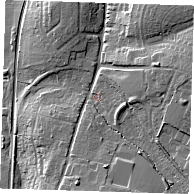 Shaded relief map of the ground around CM232HZ, computed from Environment Agency LiDAR. The ground here sits at about 67 m above sea level and falls 27 m across the surrounding 800 m. Surface water reaching this point runs off ground lying to the east, 16.1 m higher.