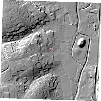 Shaded relief map of the ground around CM232JU, computed from Environment Agency LiDAR. The ground here sits at about 60 m above sea level and falls 30 m across the surrounding 800 m. Surface water reaching this point runs off ground lying to the west, 21.7 m higher.