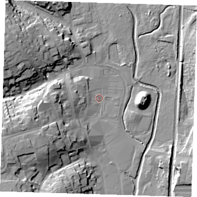 Shaded relief map of the ground around CM232JW, computed from Environment Agency LiDAR. The ground here sits at about 58 m above sea level and falls 25 m across the surrounding 800 m. Surface water reaching this point runs off ground lying to the west, 7.1 m higher.