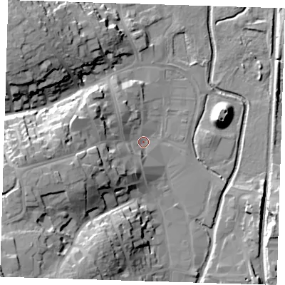 Shaded relief map of the ground around CM232JY, computed from Environment Agency LiDAR. The ground here sits at about 58 m above sea level and falls 29 m across the surrounding 800 m. Surface water reaching this point runs off ground lying to the west, 22.4 m higher.