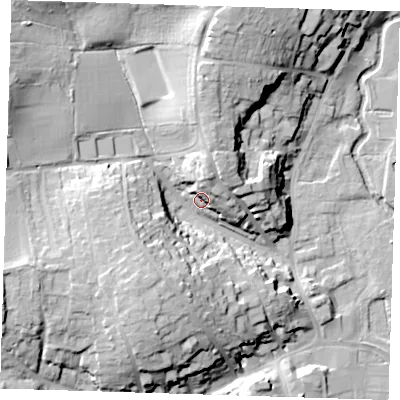 Shaded relief map of the ground around CM232SS, computed from Environment Agency LiDAR. The ground here sits at about 65 m above sea level and falls 26 m across the surrounding 800 m. Surface water reaching this point runs off ground lying to the north-north-east, 11.9 m higher.