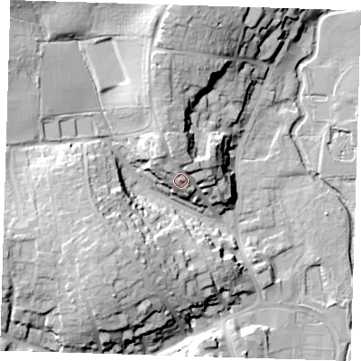 Shaded relief map of the ground around CM232ST, computed from Environment Agency LiDAR. The ground here sits at about 71 m above sea level and falls 27 m across the surrounding 800 m. Surface water reaching this point runs off ground lying to the north-north-west, 7.5 m higher.
