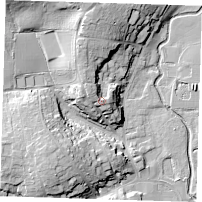Shaded relief map of the ground around CM232SU, computed from Environment Agency LiDAR. The ground here sits at about 73 m above sea level and falls 28 m across the surrounding 800 m. Surface water reaching this point runs off ground lying to the west-north-west, 5.9 m higher.