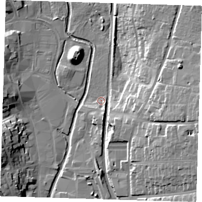 Shaded relief map of the ground around CM232XR, computed from Environment Agency LiDAR. The ground here sits at about 58 m above sea level and falls 25 m across the surrounding 800 m. Surface water reaching this point runs off ground lying to the east, 24.0 m higher.
