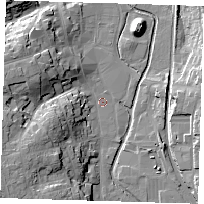 Shaded relief map of the ground around CM233AB, computed from Environment Agency LiDAR. The ground here sits at about 57 m above sea level and falls 27 m across the surrounding 800 m. Surface water reaching this point runs off ground lying to the west-south-west, 6.2 m higher.