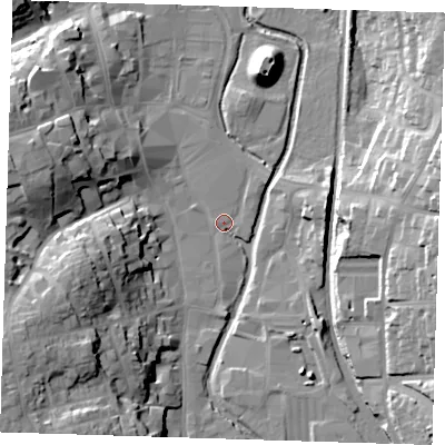 Shaded relief map of the ground around CM233AE, computed from Environment Agency LiDAR. The ground here sits at about 57 m above sea level and falls 26 m across the surrounding 800 m. Surface water reaching this point runs off ground lying to the west-south-west, 24.7 m higher.