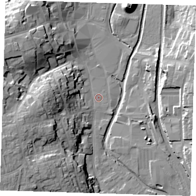 Shaded relief map of the ground around CM233AG, computed from Environment Agency LiDAR. The ground here sits at about 57 m above sea level and falls 27 m across the surrounding 800 m. Surface water reaching this point runs off ground lying to the west, 19.0 m higher.