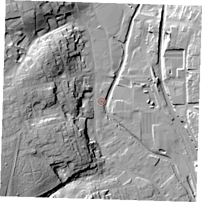Shaded relief map of the ground around CM233AL, computed from Environment Agency LiDAR. The ground here sits at about 57 m above sea level and falls 27 m across the surrounding 800 m. Surface water reaching this point runs off ground lying to the west, 26.3 m higher.