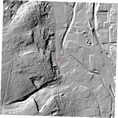 Shaded relief map of the ground around CM233AR, computed from Environment Agency LiDAR. The ground here sits at about 57 m above sea level and falls 28 m across the surrounding 800 m. Surface water reaching this point runs off ground lying to the west, 25.7 m higher.