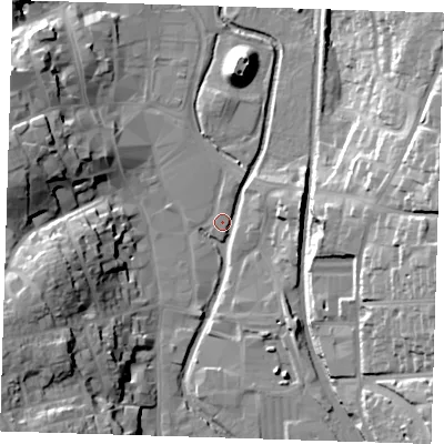 Shaded relief map of the ground around CM233AX, computed from Environment Agency LiDAR. The ground here sits at about 57 m above sea level and falls 24 m across the surrounding 800 m. Surface water reaching this point runs off ground lying to the west-south-west, 23.4 m higher.