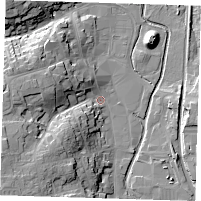 Shaded relief map of the ground around CM233AY, computed from Environment Agency LiDAR. The ground here sits at about 58 m above sea level and falls 29 m across the surrounding 800 m. Surface water reaching this point runs off ground lying to the south-west, 26.3 m higher.
