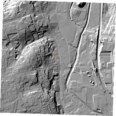 Shaded relief map of the ground around CM233AZ, computed from Environment Agency LiDAR. The ground here sits at about 57 m above sea level and falls 27 m across the surrounding 800 m. Surface water reaching this point runs off ground lying to the west, 19.0 m higher.