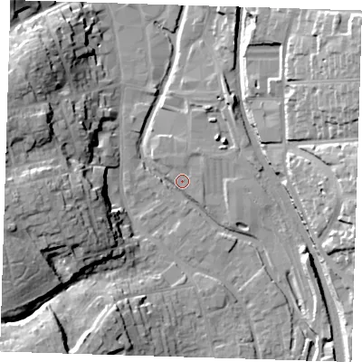 Shaded relief map of the ground around CM233BD, computed from Environment Agency LiDAR. The ground here sits at about 57 m above sea level and falls 24 m across the surrounding 800 m. Surface water reaching this point runs off ground lying to the west, 23.9 m higher.