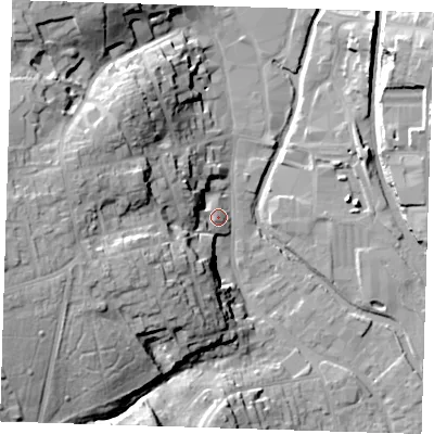Shaded relief map of the ground around CM233BG, computed from Environment Agency LiDAR. The ground here sits at about 60 m above sea level and falls 28 m across the surrounding 800 m. Surface water reaching this point runs off ground lying to the west, 24.6 m higher.