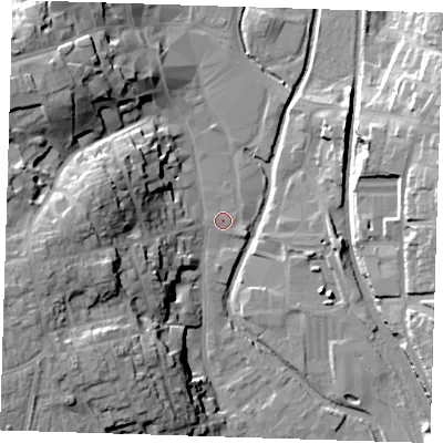 Shaded relief map of the ground around CM233BJ, computed from Environment Agency LiDAR. The ground here sits at about 57 m above sea level and falls 26 m across the surrounding 800 m. Surface water reaching this point runs off ground lying to the west-south-west, 22.9 m higher.