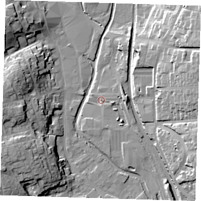 Shaded relief map of the ground around CM233BL, computed from Environment Agency LiDAR. The ground here sits at about 58 m above sea level and falls 24 m across the surrounding 800 m. Surface water reaching this point runs off ground lying to the east-south-east, 3.1 m higher.