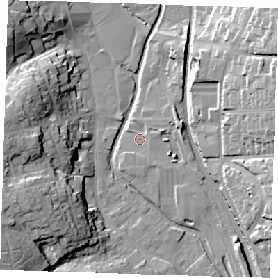 Shaded relief map of the ground around CM233BP, computed from Environment Agency LiDAR. The ground here sits at about 58 m above sea level and falls 24 m across the surrounding 800 m. Surface water reaching this point runs off ground lying to the east-north-east, 3.1 m higher.