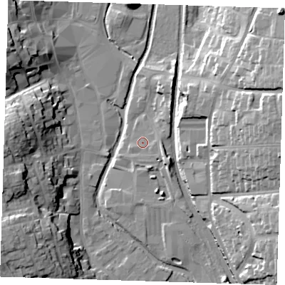 Shaded relief map of the ground around CM233BX, computed from Environment Agency LiDAR. The ground here sits at about 58 m above sea level and falls 24 m across the surrounding 800 m. Surface water reaching this point runs off ground lying to the south-east, 3.7 m higher.