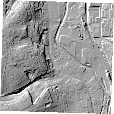 Shaded relief map of the ground around CM233BY, computed from Environment Agency LiDAR. The ground here sits at about 56 m above sea level and falls 27 m across the surrounding 800 m. Surface water reaching this point runs off ground lying to the west-north-west, 25.1 m higher.