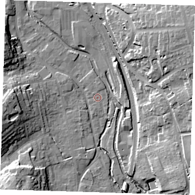 Shaded relief map of the ground around CM233DA, computed from Environment Agency LiDAR. The ground here sits at about 56 m above sea level and falls 26 m across the surrounding 800 m. Surface water reaching this point runs off ground lying to the north, 0.8 m higher.
