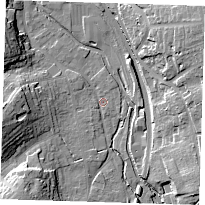 Shaded relief map of the ground around CM233DH, computed from Environment Agency LiDAR. The ground here sits at about 56 m above sea level and falls 25 m across the surrounding 800 m. Surface water reaching this point runs off ground lying to the south-west, 17.3 m higher.