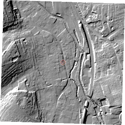 Shaded relief map of the ground around CM233DP, computed from Environment Agency LiDAR. The ground here sits at about 56 m above sea level and falls 25 m across the surrounding 800 m. Surface water reaching this point runs off ground lying to the south-west, 19.9 m higher.