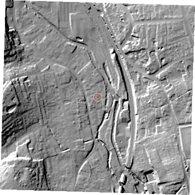 Shaded relief map of the ground around CM233DQ, computed from Environment Agency LiDAR. The ground here sits at about 56 m above sea level and falls 26 m across the surrounding 800 m. Surface water reaching this point runs off ground lying to the north, 0.9 m higher.