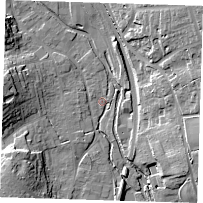 Shaded relief map of the ground around CM233DR, computed from Environment Agency LiDAR. The ground here sits at about 55 m above sea level and falls 26 m across the surrounding 800 m. Surface water reaching this point runs off ground lying to the south-west, 18.3 m higher.
