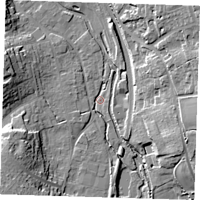 Shaded relief map of the ground around CM233DS, computed from Environment Agency LiDAR. The ground here sits at about 55 m above sea level and falls 26 m across the surrounding 800 m. Surface water reaching this point runs off ground lying to the west-north-west, 16.1 m higher.