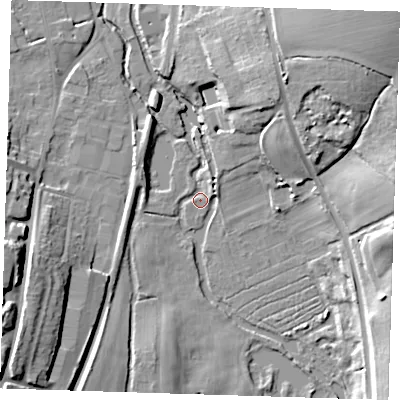 Shaded relief map of the ground around CM233DT, computed from Environment Agency LiDAR. The ground here sits at about 55 m above sea level and falls 25 m across the surrounding 800 m. Surface water reaching this point runs off ground lying to the west-south-west, 19.1 m higher.