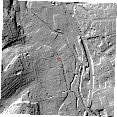 Shaded relief map of the ground around CM233DW, computed from Environment Agency LiDAR. The ground here sits at about 56 m above sea level and falls 24 m across the surrounding 800 m. Surface water reaching this point runs off ground lying to the west-south-west, 19.3 m higher.