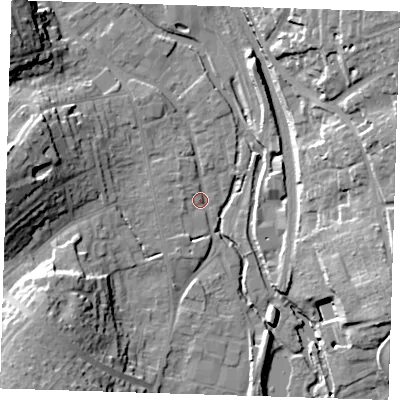 Shaded relief map of the ground around CM233DX, computed from Environment Agency LiDAR. The ground here sits at about 56 m above sea level and falls 25 m across the surrounding 800 m. Surface water reaching this point runs off ground lying to the south-west, 19.9 m higher.