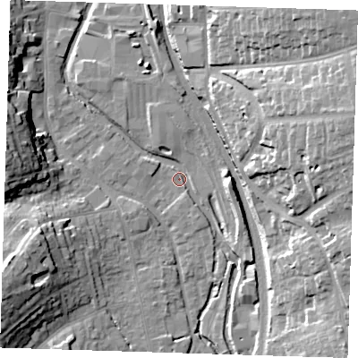Shaded relief map of the ground around CM233DY, computed from Environment Agency LiDAR. The ground here sits at about 56 m above sea level and falls 25 m across the surrounding 800 m. Surface water reaching this point runs off ground lying to the north-east, 24.1 m higher.